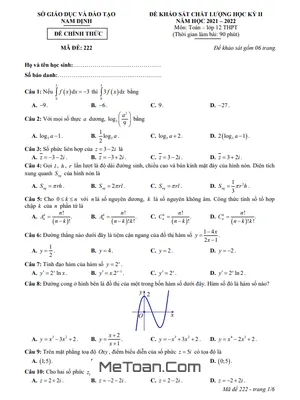 Đề khảo sát chất lượng học kỳ 2 Toán 12 năm 2021 - 2022 Sở GD&ĐT Nam Định