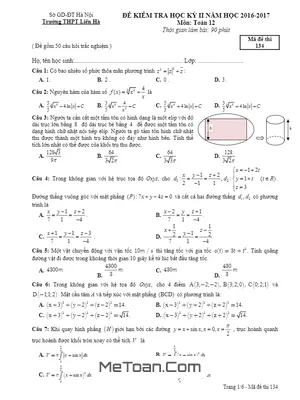 Đề thi HK2 môn Toán lớp 12 năm 2016 - 2017 trường THPT Liên Hà - Hà Nội