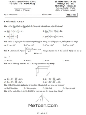 Đề Thi Giữa Kì 2 Toán 11 Năm 2022 - 2023 Trường THPT Đỗ Công Tường - Đồng Tháp