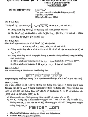 Đề thi chọn học sinh giỏi Quốc gia môn Toán THPT năm học 2022 – 2023