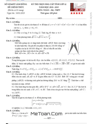 Đề thi chọn HSG tỉnh Toán 12 THPT năm 2018 - 2019 - Sở GD&ĐT Lâm Đồng