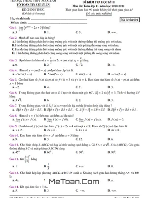Đề thi học kỳ 2 Toán 11 năm 2020 – 2021 trường Ngọc Lâm – Đồng Nai