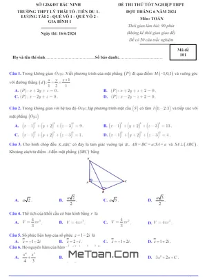 Đề thi thử TN THPT môn Toán đợt tháng 6 năm 2024 cụm trường THPT – Bắc Ninh
