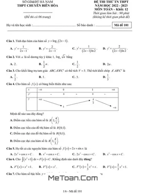 Đề thi thử THPT Quốc gia 2023 môn Toán trường chuyên Biên Hòa - Hà Nam
