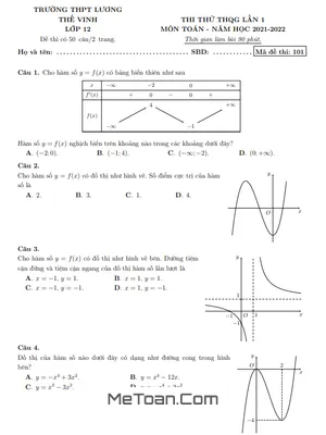 Đề thi thử Toán THPT QG 2022 lần 1 trường THPT Lương Thế Vinh – Hà Nội