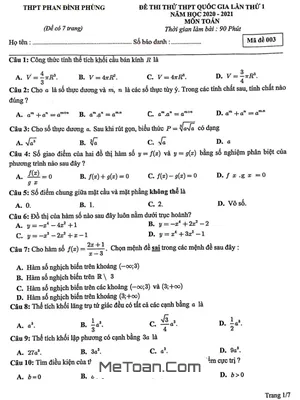 Đề thi thử Toán THPT Quốc gia 2021 lần 1 trường THPT Phan Đình Phùng – Hà Nội