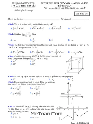Đề thi thử Toán THPTQG 2018 trường THPT chuyên Đại học Vinh - Nghệ An lần 2 (có đáp án)