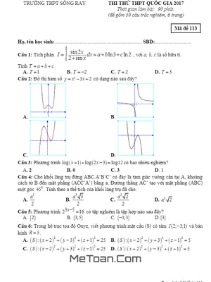 Đề thi thử THPT Quốc gia 2017 môn Toán trường THPT Sông Ray - Đồng Nai