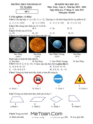 Đề thi học kì 1 Toán lớp 6 năm 2023 - 2024 trường THCS Thanh Quan - Hà Nội