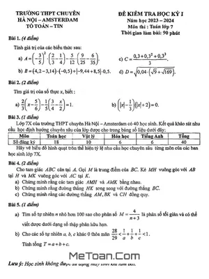 Đề Thi Học Kì 1 Toán 7 Năm 2023 - 2024 Trường THPT Chuyên Hà Nội - Amsterdam