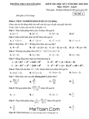 Đề thi học kỳ 1 Toán 8 năm 2022 - 2023 trường THCS Nguyễn Huệ - Quảng Nam
