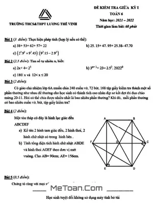 Đề thi giữa kỳ 1 Toán lớp 6 năm 2021 - 2022 trường Lương Thế Vinh - Hà Nội