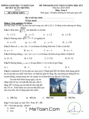 Đề học kì 1 Toán 9 năm 2023 – 2024 phòng GD&ĐT Xuân Trường – Nam Định
