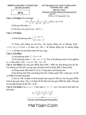 Đề khảo sát Toán 9 năm 2022 - 2023 phòng GD&ĐT Quảng Xương - Thanh Hóa