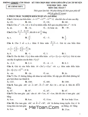 Đề thi học sinh giỏi Toán 7 năm 2023 - 2024 phòng GD&ĐT Lâm Thao - Phú Thọ