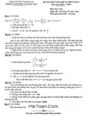 Đề thi thử Toán vào lớp 10 lần 1 năm 2024 - 2025 phòng GD&ĐT Thanh Oai - Hà Nội