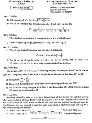 Đề thi tuyển sinh lớp 10 môn Toán (chuyên Tin) năm 2022 - 2023 sở GD&ĐT Hà Nội