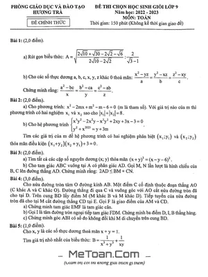 Đề thi học sinh giỏi Toán 9 năm 2022 - 2023 phòng GD&ĐT Hương Trà - TT Huế