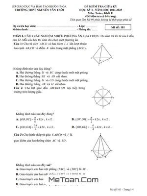 Đề Thi Giữa Kỳ 1 Toán 11 Năm 2024 - 2025 Trường THPT Nguyễn Văn Trỗi - Khánh Hòa