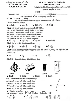 Đề thi học kì 1 Toán 7 năm 2024 - 2025 trường M.V. Lômônôxốp - Hà Nội