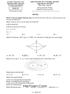 Đề Thi Cuối Kỳ 1 Toán 10 Năm 2024 - 2025 Trường Chuyên Nguyễn Tất Thành - Kon Tum