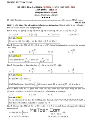 Đề thi cuối học kỳ 1 Toán 10 năm học 2025 – 2026 trường THPT Tây Thạnh – TP.HCM có đáp án
