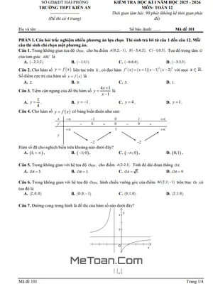 Đề học kì 1 Toán 12 năm 2025 – 2026 trường THPT Kiến An – Hải Phòng
