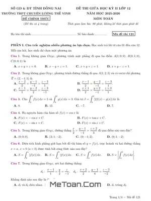 Đề Giữa Kì 2 Toán 12 Năm Học 2025 – 2026 Trường Chuyên Lương Thế Vinh – Đồng Nai: Tài Liệu Ôn Tập Quan Trọng