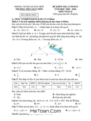 Đề Thi Cuối Học Kỳ 1 Toán Lớp 8 Năm 2025-2026 Trường THCS Hát Môn, Hà Nội