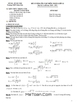 Đề Cương Ôn Tập HK2 Môn Toán Lớp 11 Năm 2020 - 2021 Trường THPT Kim Liên - Hà Nội