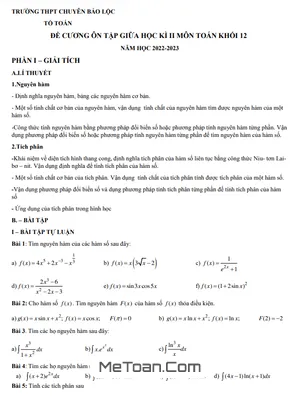 Đề Cương Ôn Tập Giữa Kì 2 Môn Toán Lớp 12 Năm 2022 - 2023 Trường THPT Chuyên Bảo Lộc - Lâm Đồng