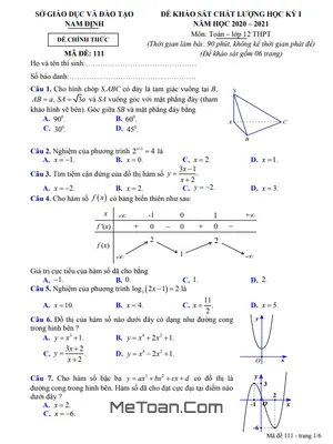 Đề thi học kỳ 1 Toán 12 năm học 2020 - 2021 sở GD&ĐT Nam Định