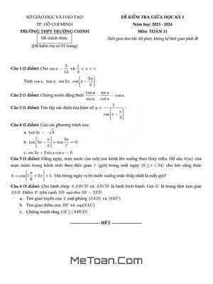 Đề Thi Giữa Học Kỳ 1 Toán 11 Năm 2023 - 2024 Trường THPT Trường Chinh - TP HCM
