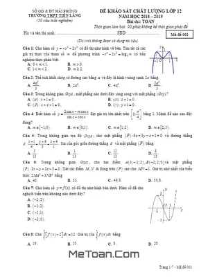 Đề khảo sát Toán 12 năm 2018 - 2019 trường THPT Tiên Lãng - Hải Phòng