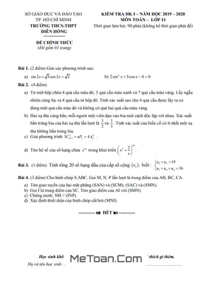 Đề thi học kì 1 Toán 11 năm 2019 - 2020 trường Diên Hồng - TP. HCM (Có đáp án)