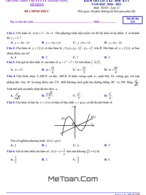 Đề thi giữa HK1 Toán 12 năm 2020 - 2021 trường THPT chuyên Lê Thánh Tông - Quảng Nam