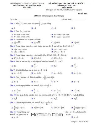 Đề thi cuối kỳ 2 Toán 12 năm 2020 - 2021 trường Lý Thường Kiệt - Bình Thuận (Mã đề 485)