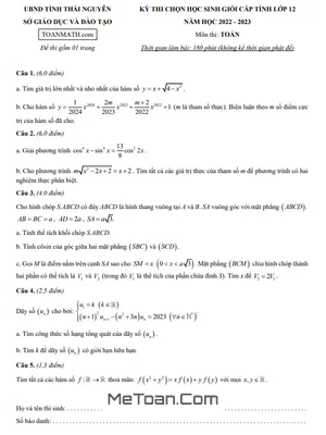 Đề thi chọn học sinh giỏi cấp tỉnh môn Toán lớp 12 năm 2022 - 2023 Sở GD&ĐT Thái Nguyên