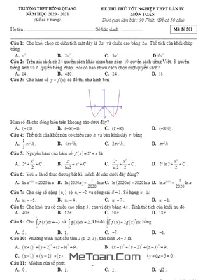Đề thi thử tốt nghiệp THPT 2020 môn Toán lần 4 trường THPT Hồng Quang – Hải Dương