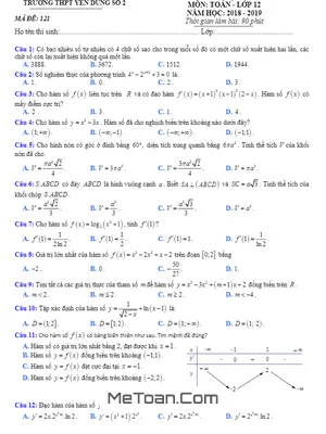 Đề Thi Thử Toán THPT Quốc Gia 2019 Trường THPT Yên Dũng 2 - Bắc Giang Lần 2 (Có Đáp Án)