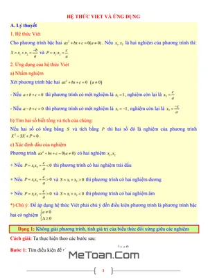 Tài Liệu Toán Lớp 9: Hệ Thức Vi-ét Và Ứng Dụng