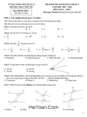 Đề Thi Cuối Kỳ 1 Toán 7 Năm 2022 - 2023 Trường THCS Việt Mỹ - TP HCM