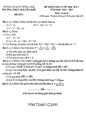Đề thi học kỳ 1 Toán 8 năm 2022 - 2023 trường THCS Nguyên Khê - Hà Nội