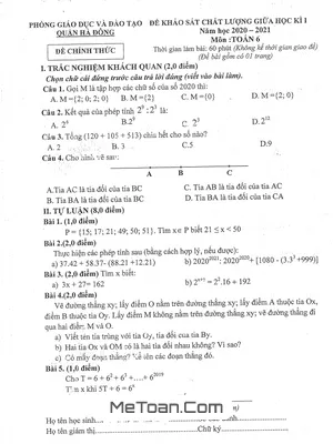 Đề KSCL giữa học kì 1 Toán lớp 6 năm 2020 - 2021 phòng GD&ĐT Hà Đông - Hà Nội