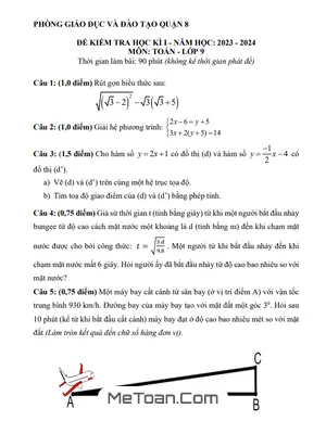 Đề thi học kì 1 Toán 9 năm 2023 - 2024 phòng GD&ĐT Quận 8 - TP.HCM