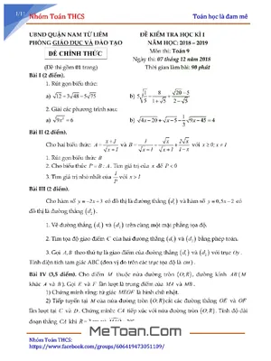 Đề thi học kỳ 1 Toán 9 năm 2018-2019 phòng GD&ĐT Nam Từ Liêm - Hà Nội