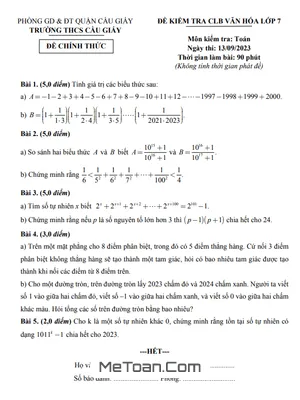 Đề thi CLB Toán 7 năm 2023 - 2024 trường THCS Cầu Giấy - Hà Nội (có đáp án)