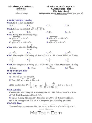 Đề thi giữa kì 1 Toán 9 năm 2021 - 2022 sở GD&ĐT Bắc Ninh