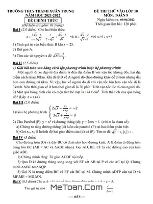 Đề thi thử vào lớp 10 môn Toán năm 2022 trường THCS Thanh Xuân Trung – Hà Nội