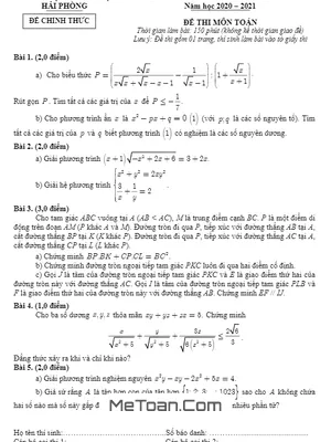 Đề thi tuyển sinh lớp 10 THPT chuyên Toán năm 2020 - 2021 Sở GD&ĐT Hải Phòng